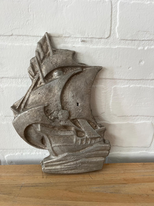 Vintage Cast Metal Ship Plaque: Nautical Decor Art (9x6)