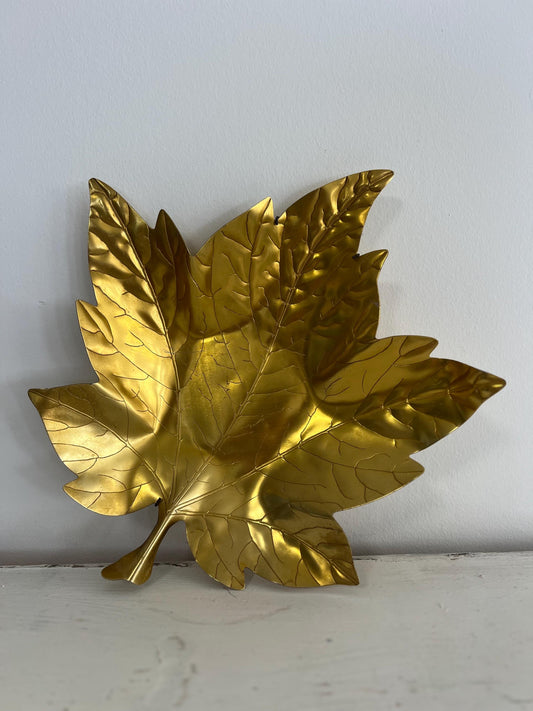 Vintage Aluminum Gold Leaf Tray or Wall Art | 13" MCM Metal Wall Art | Gold Fall Leaf | Vintage Wall Art, Vintage Fall Decor