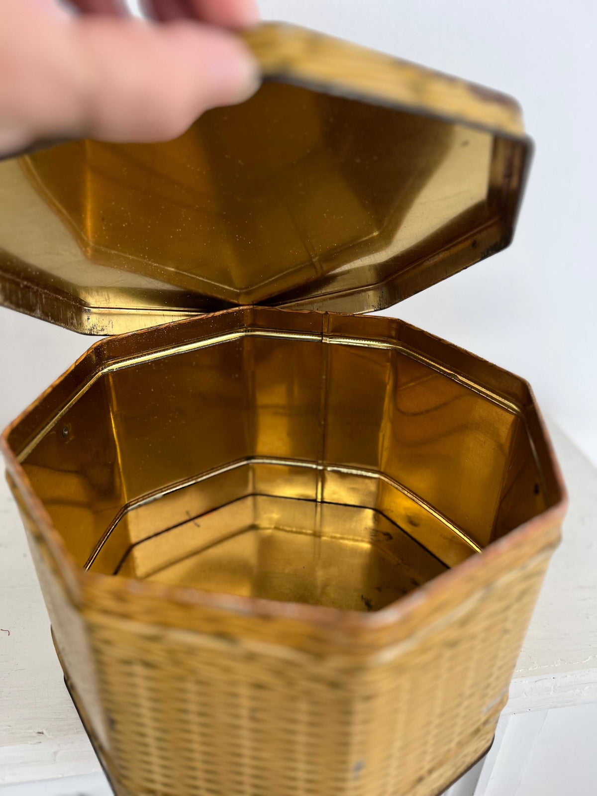 Vintage Biscuit Tin Basket: Rusty Brown Metal Storage Container