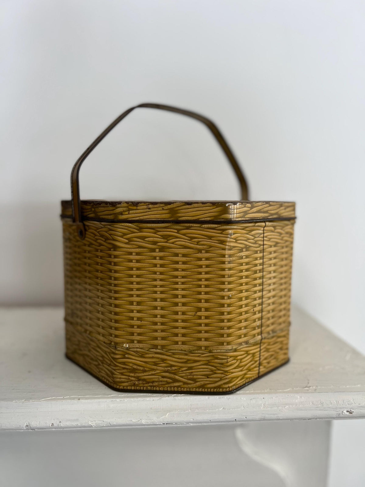 Vintage Biscuit Tin Basket: Rusty Brown Metal Storage Container