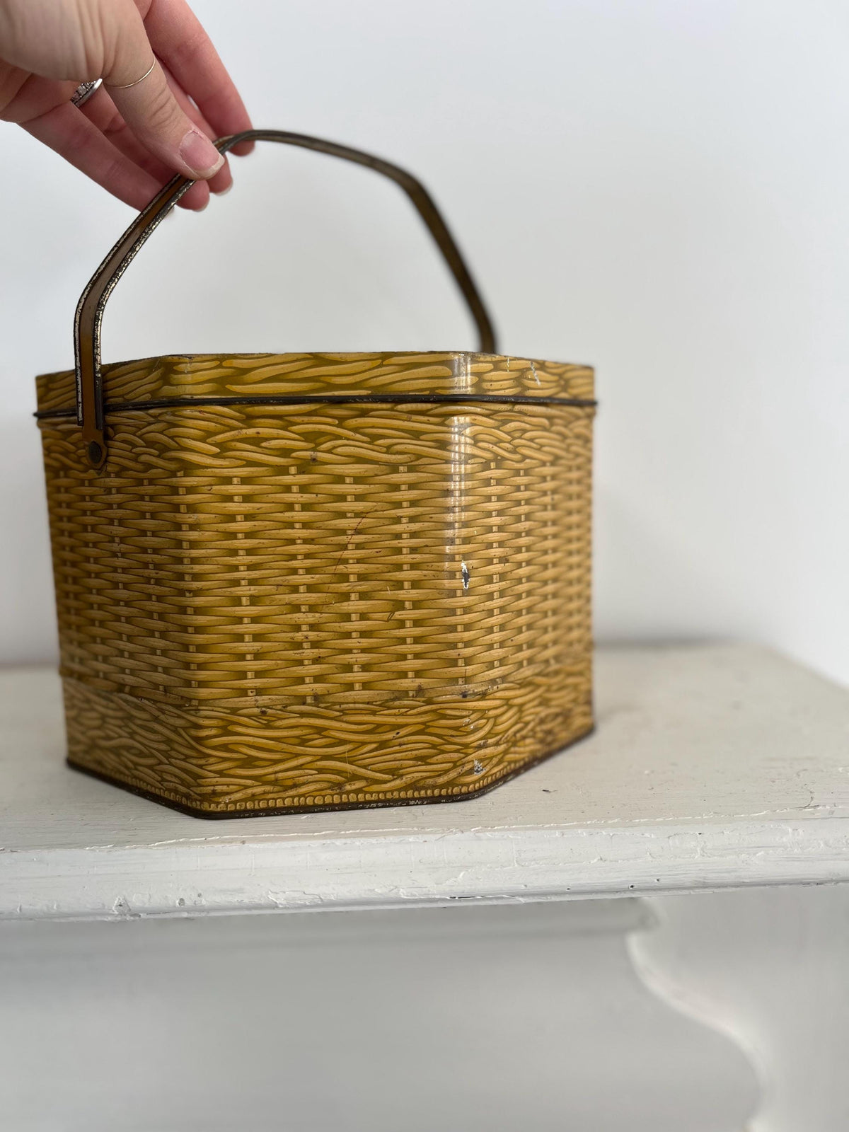 Vintage Biscuit Tin Basket: Rusty Brown Metal Storage Container