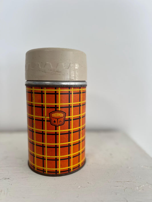 Vintage Orange & Black Plaid Lunch Box Thermos | 7.5" Charming Vintage Thermos, Fall Thermos, Vintage Holiday Decor, Thermos