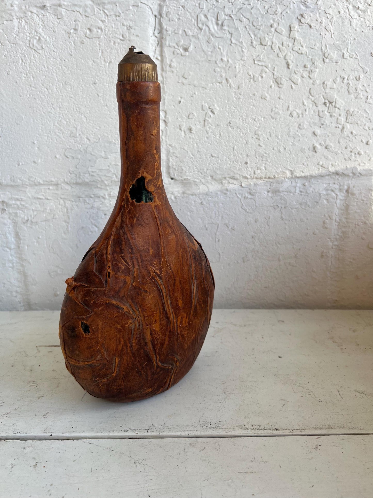 Vintage Leather Wrapped Bottle (No Lid), 11” tall