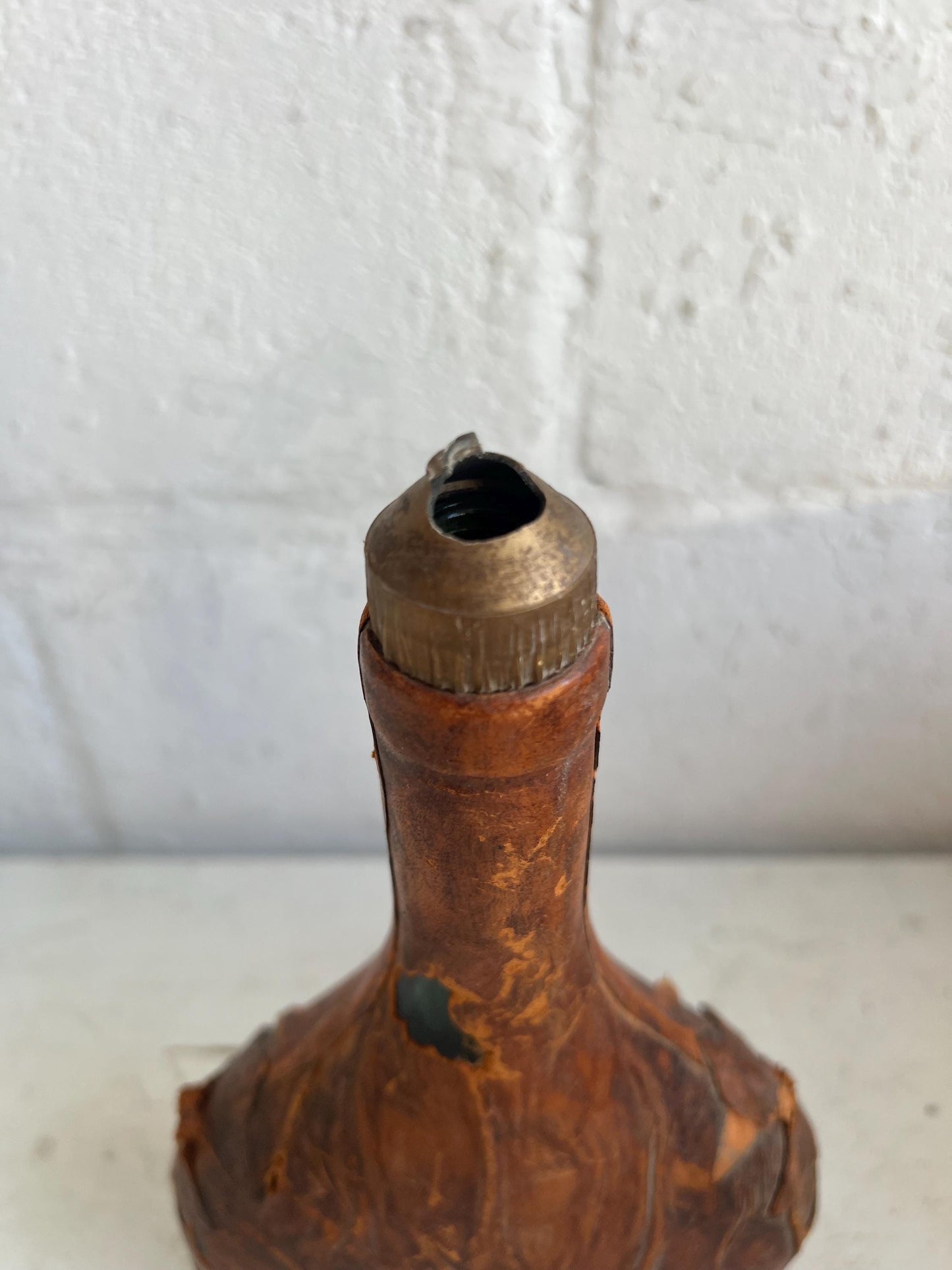 Vintage Leather Wrapped Bottle (No Lid), 11” tall