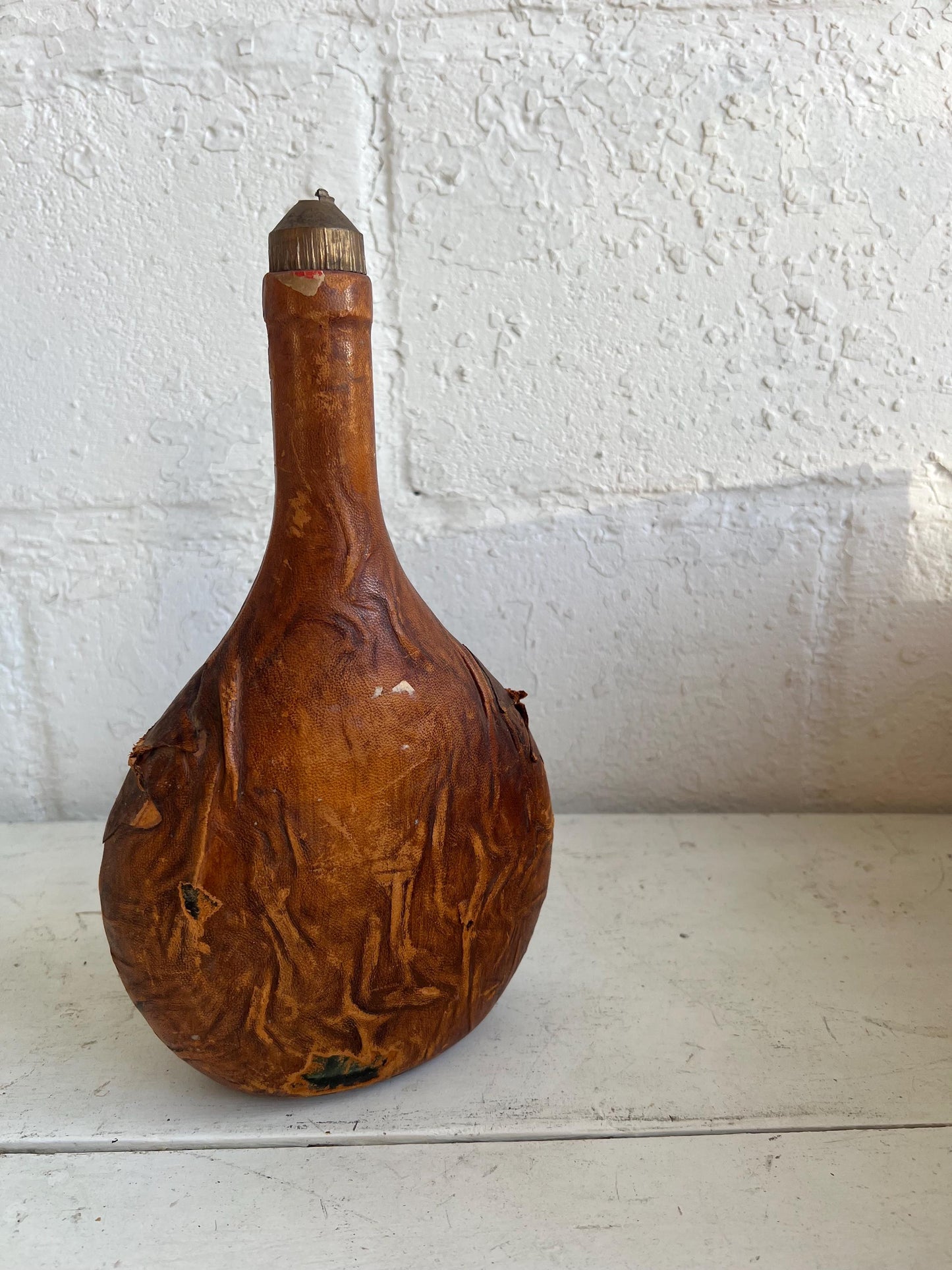 Vintage Leather Wrapped Bottle (No Lid), 11” tall