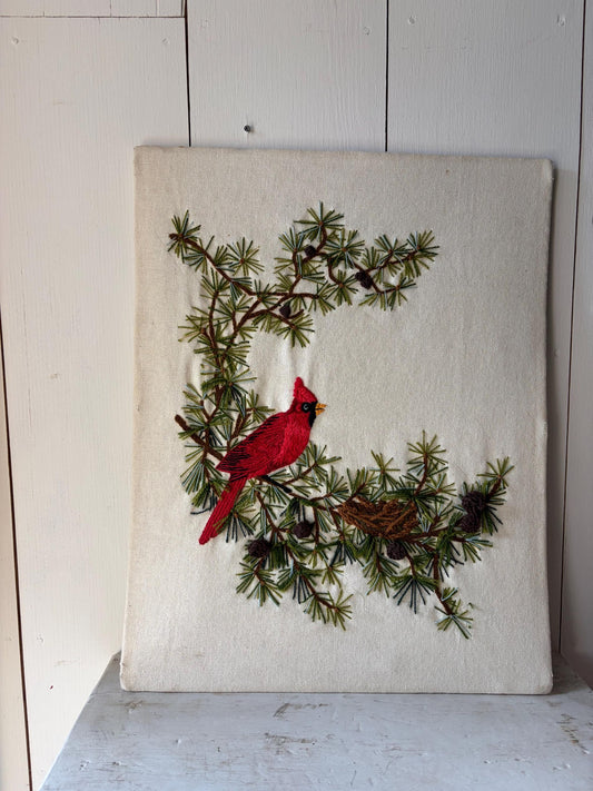 Vintage Crewel Cardinal & Branch,  Embroidery Art, Unframed 20x16, MCM Winter Decor