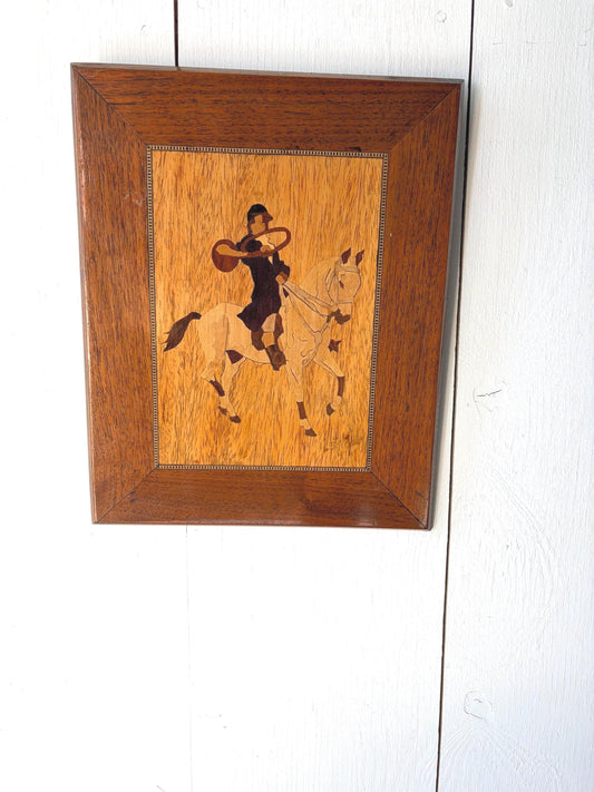 Vintage Marquetry Wood Art, Horse & Rider Inlay, Wall Decor (12x9)