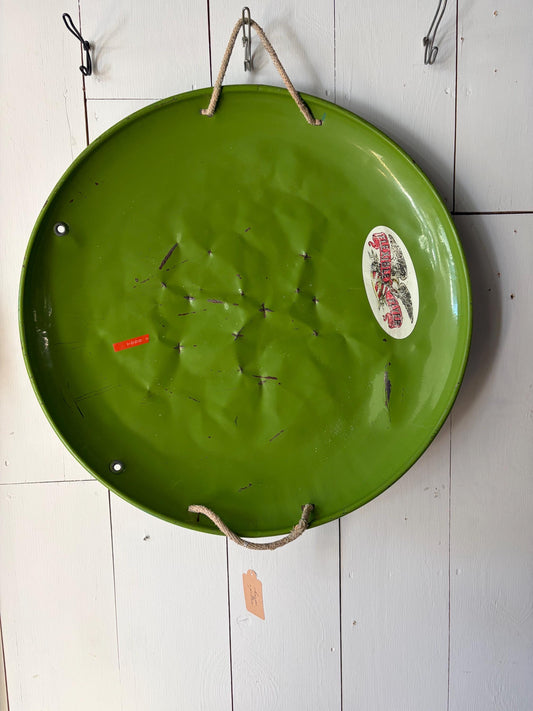 Vintage Flexible Flyer Metal Snow Saucer Sled, Green Holiday Decor (25.5)
