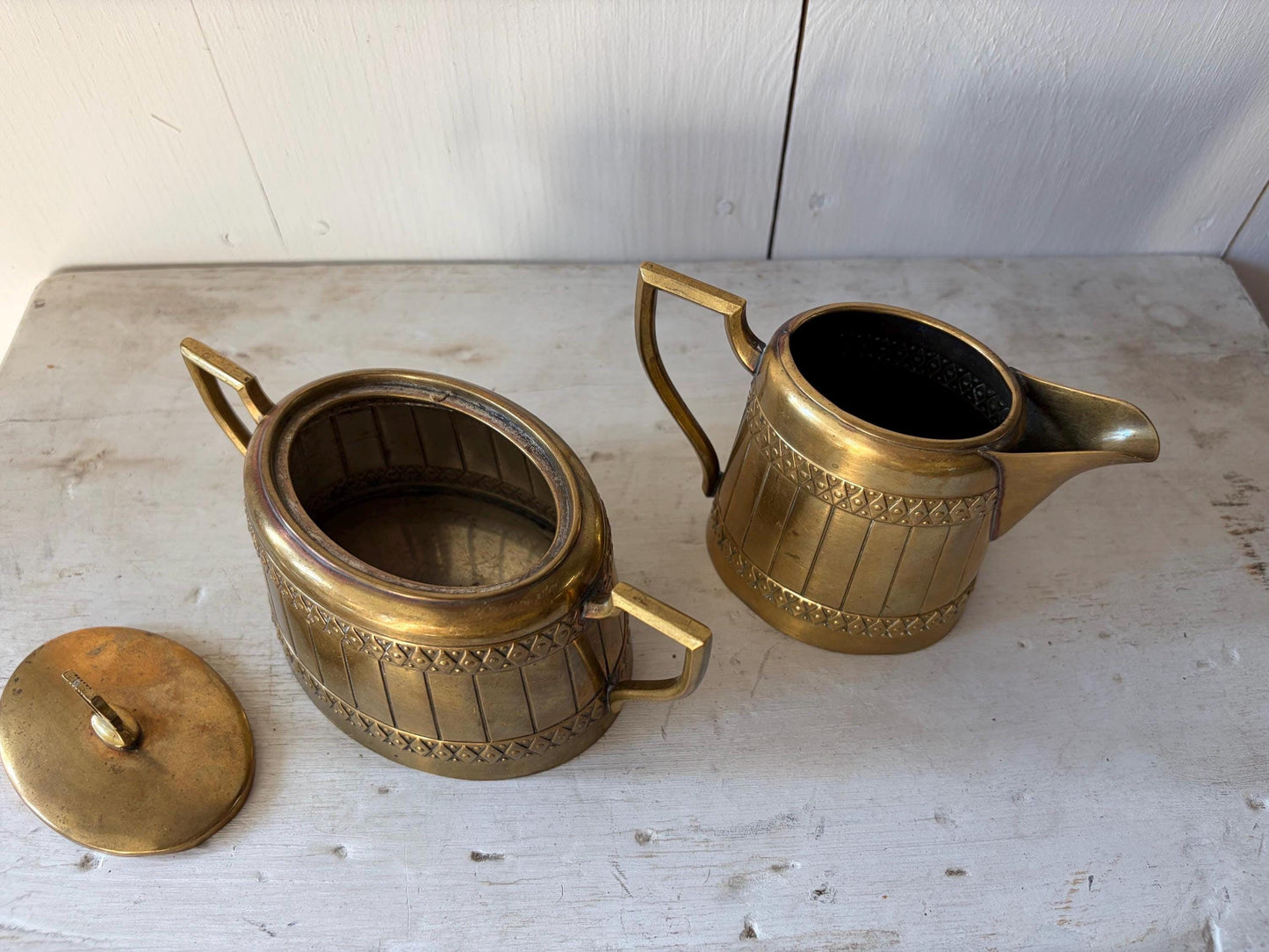 Vintage Brass Creamer and Sugar Set, Marked Germany