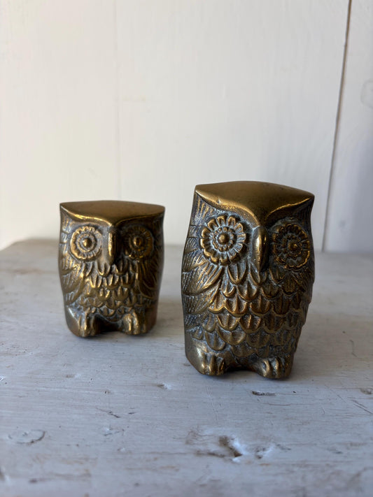 Vintage Brass Owl Figurines, Set of 2: Shelf Decor, 3" to 2.25"
