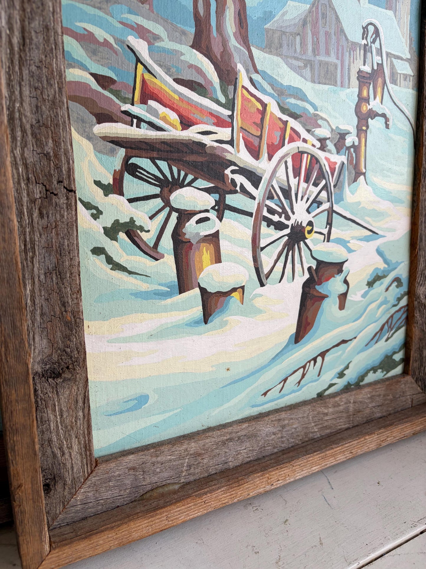 Vintage Americana Winter Farm Painting Set, Barn Wood Frames (15"x19")