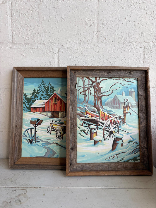 Vintage Americana Winter Farm Painting Set, Barn Wood Frames (15"x19")
