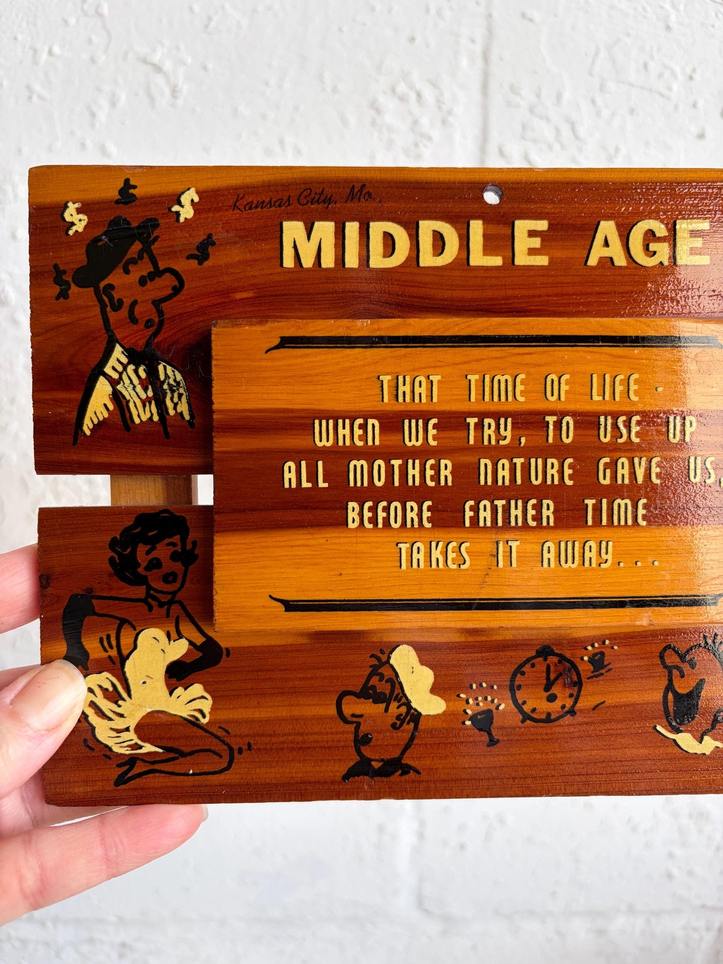 Vintage Wooden Humorous Kansas City Souvenir Plaque | Kitsch Wooden Sign 9x6 | Middle Age Humor