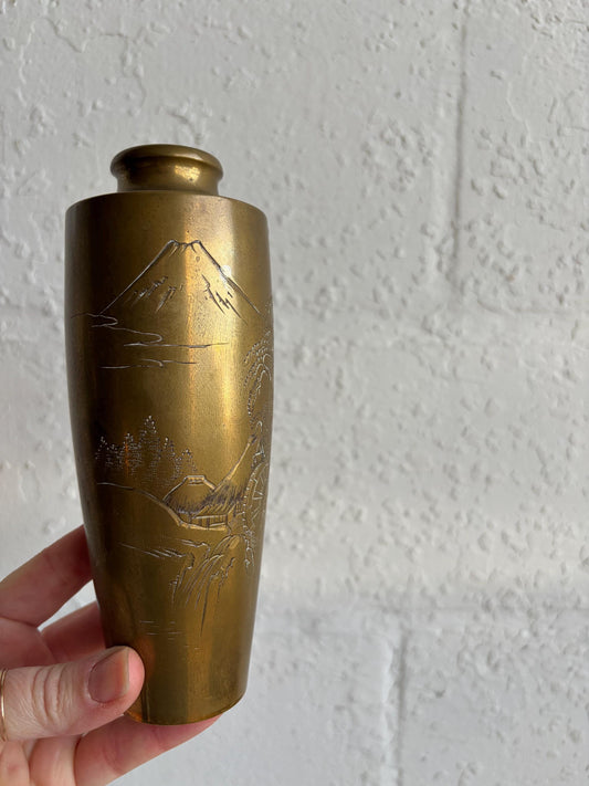 Antique Brass Japanese Vase, Mountain & Village Scene, 7" Vintage Brass Vase, Vintage Decor, Brass, Patina