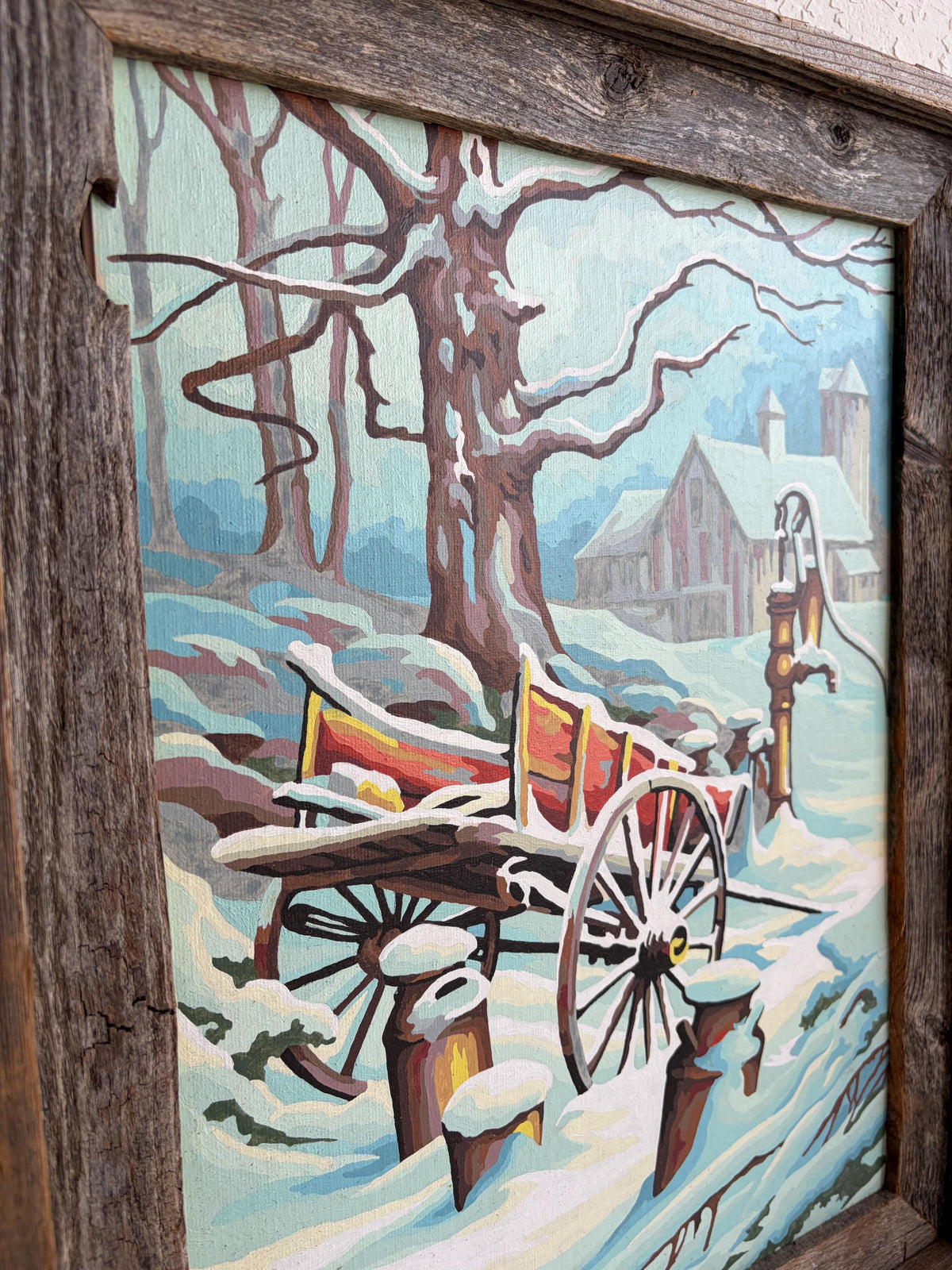 Vintage Americana Winter Farm Painting Set, Barn Wood Frames (15"x19")