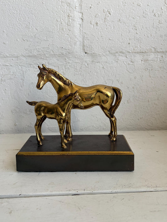 Vintage Brass Mare & Colt on Mount - Equestrian Home Decor, 6" Tall