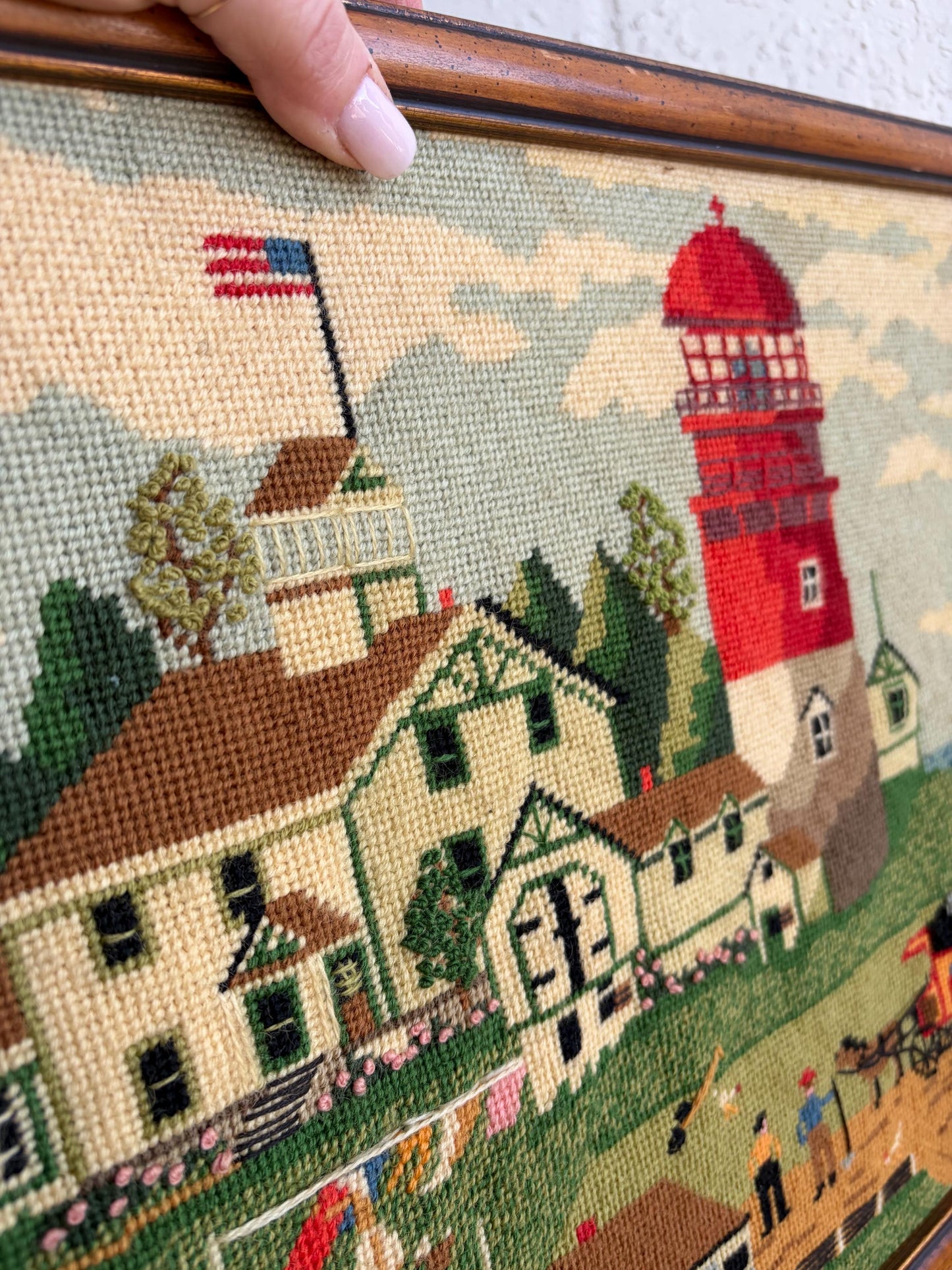 Vintage Framed Needlepoint Art: Lighthouse Living by Charles Wysocki, American Folk Art, 18"x15"