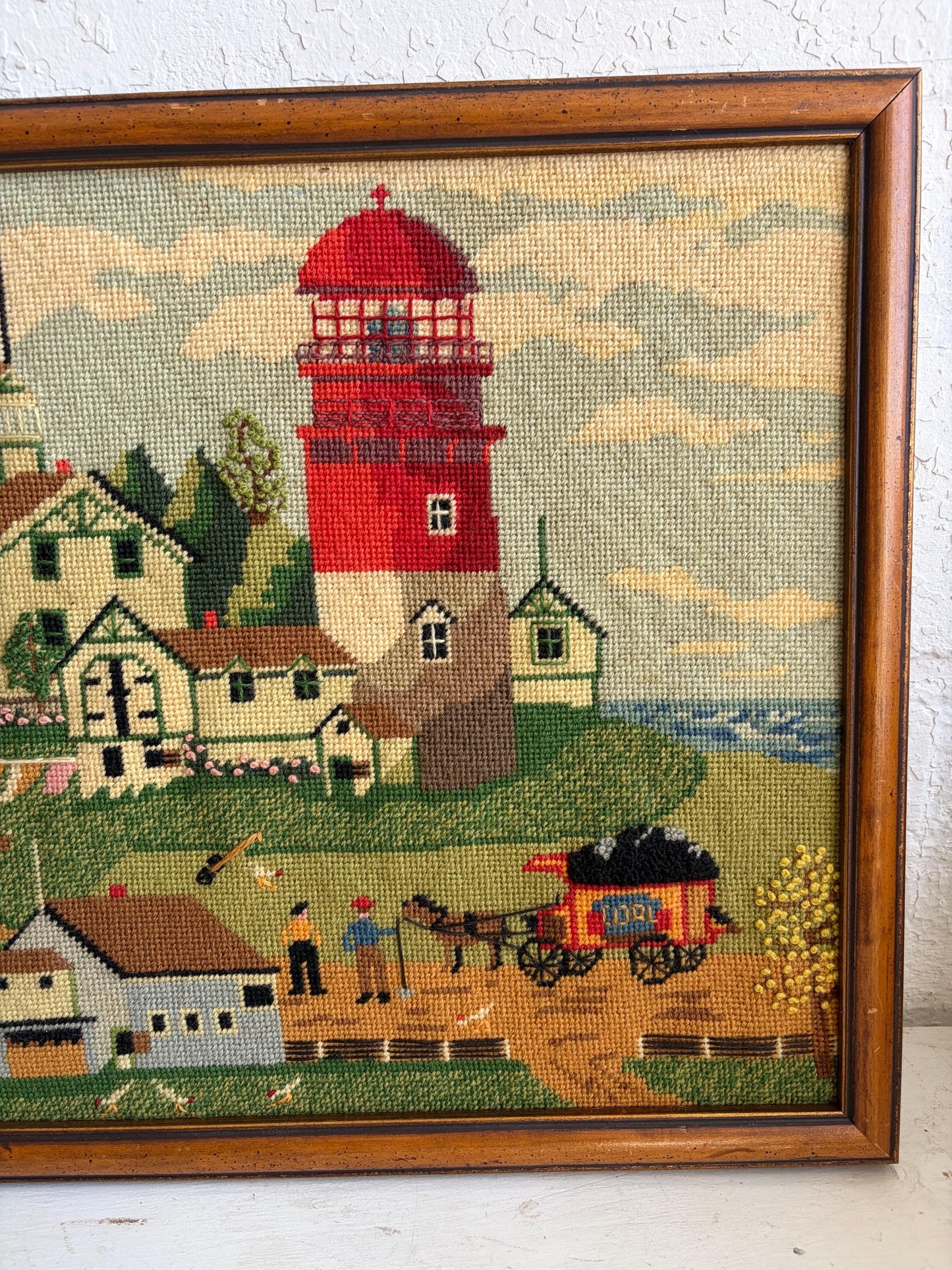 Vintage Framed Needlepoint Art: Lighthouse Living by Charles Wysocki, American Folk Art, 18"x15"