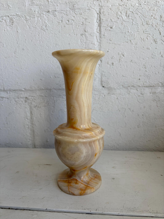 Vintage Banded Onyx Stone Marble Vase: Beige, Honey Colored, MCM Decor, 9"