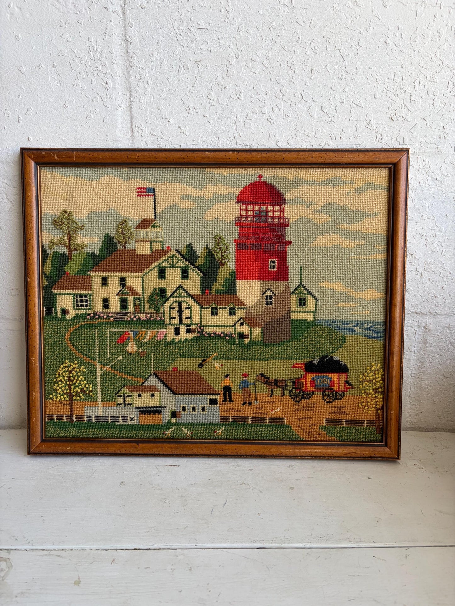 Vintage Framed Needlepoint Art: Lighthouse Living by Charles Wysocki, American Folk Art, 18"x15"