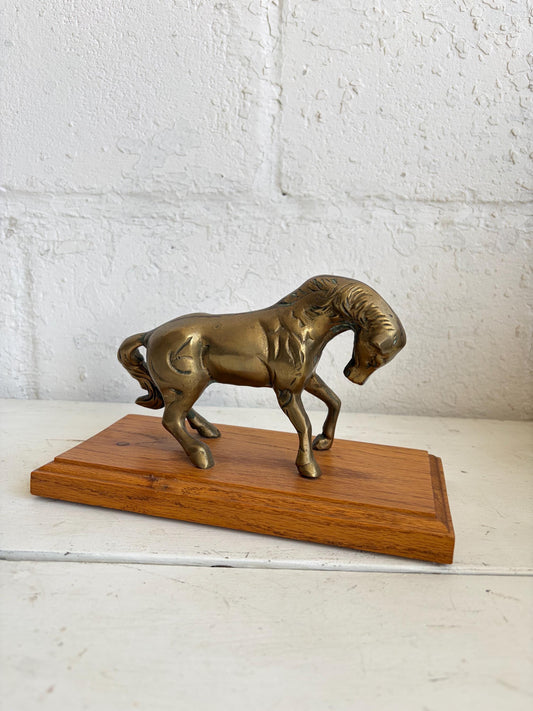 Vintage Brass Horse on Wooden Mount - Equestrian Home Decor, 5" Tall
