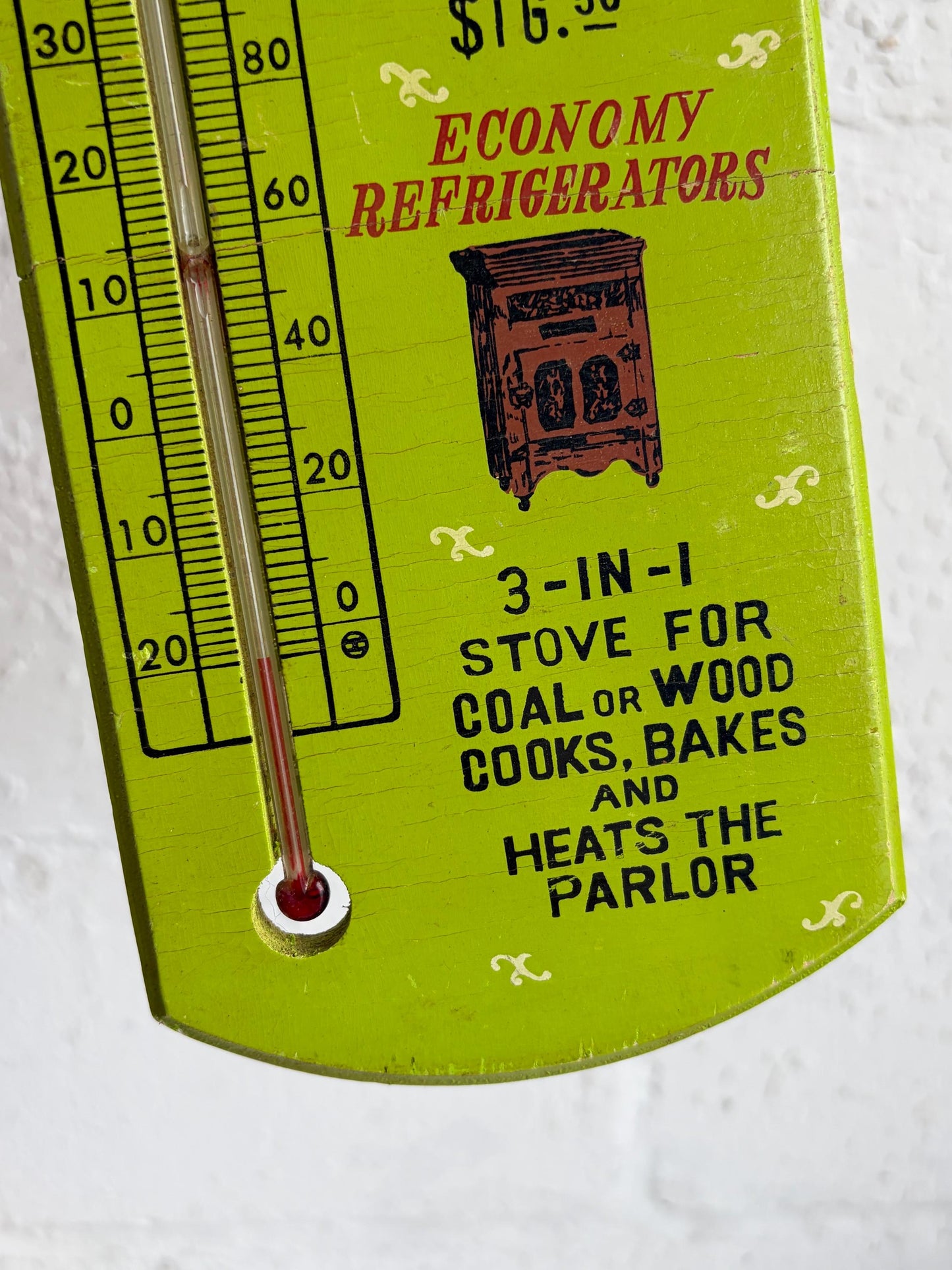 Vintage Wooden Green Modern Appliances Advertising Thermometer Sign 13"