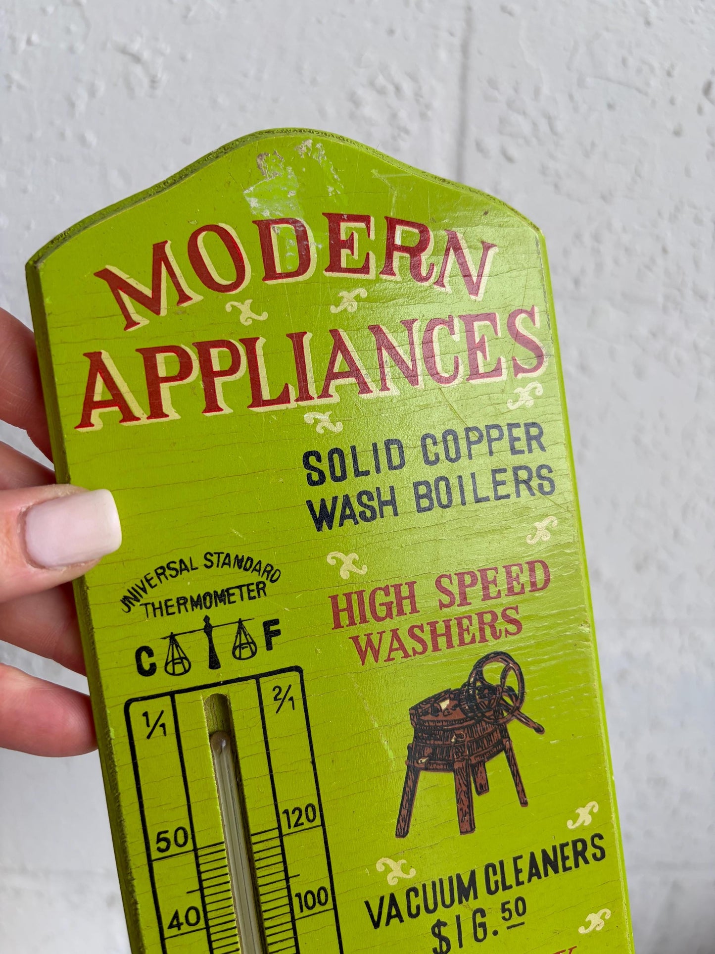 Vintage Wooden Green Modern Appliances Advertising Thermometer Sign 13"