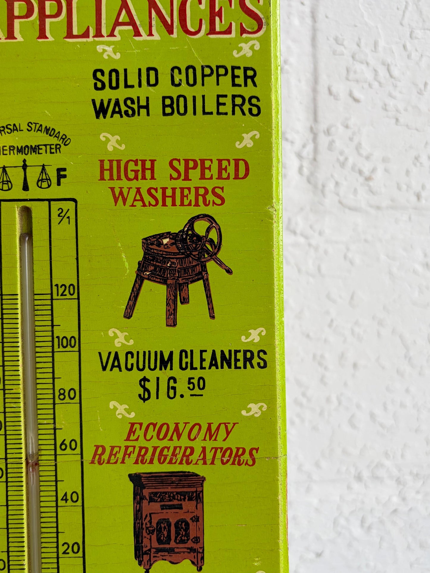 Vintage Wooden Green Modern Appliances Advertising Thermometer Sign 13"