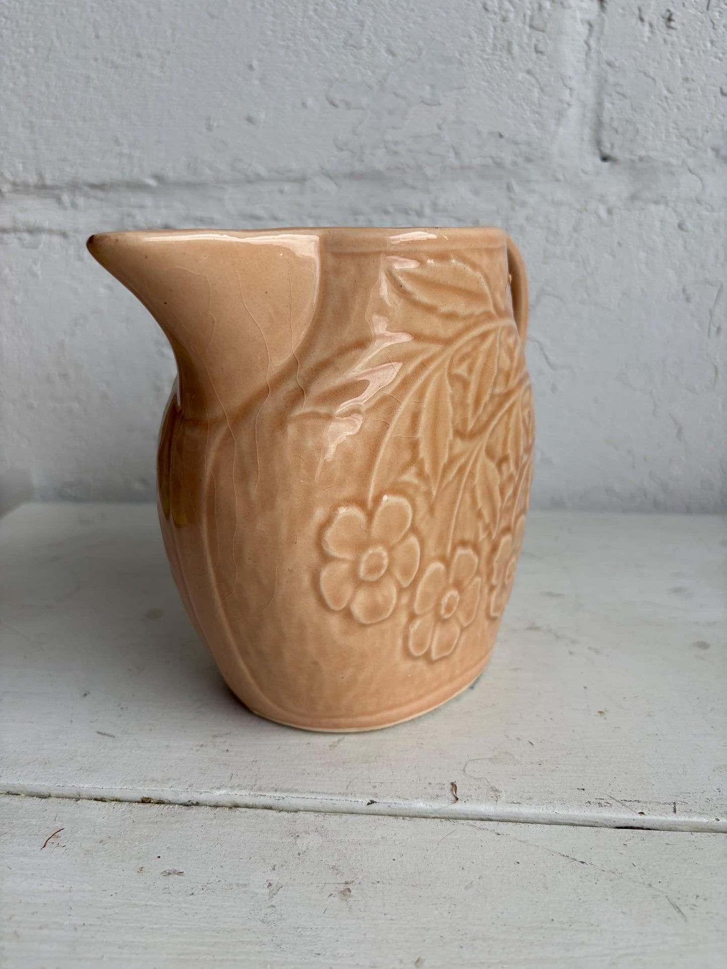 Vintage McCoy Peach Brush Floral Pottery Pitcher, 5.5" Tall, Vintage Crazing