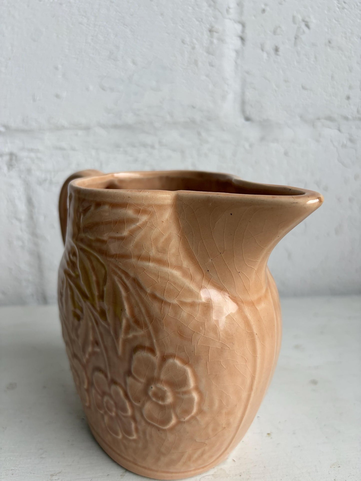 Vintage McCoy Peach Brush Floral Pottery Pitcher, 5.5" Tall, Vintage Crazing