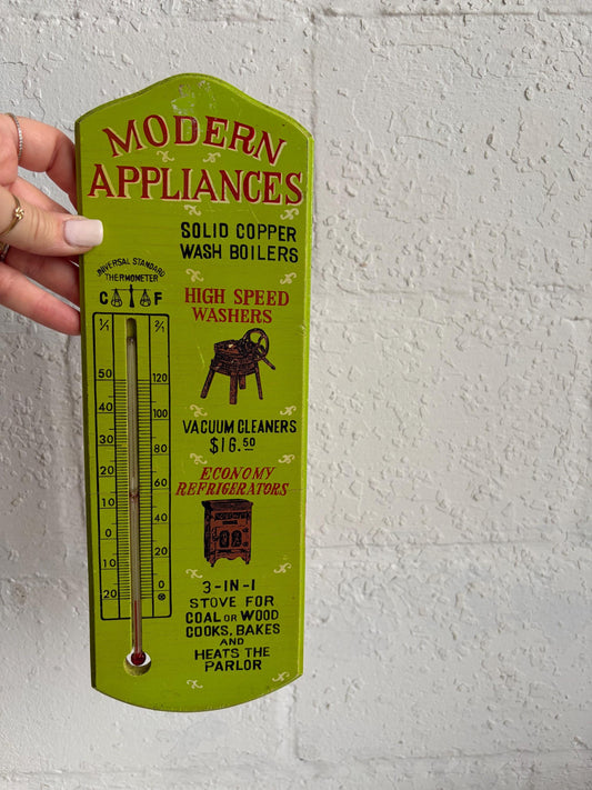 Vintage Wooden Green Modern Appliances Advertising Thermometer Sign 13"