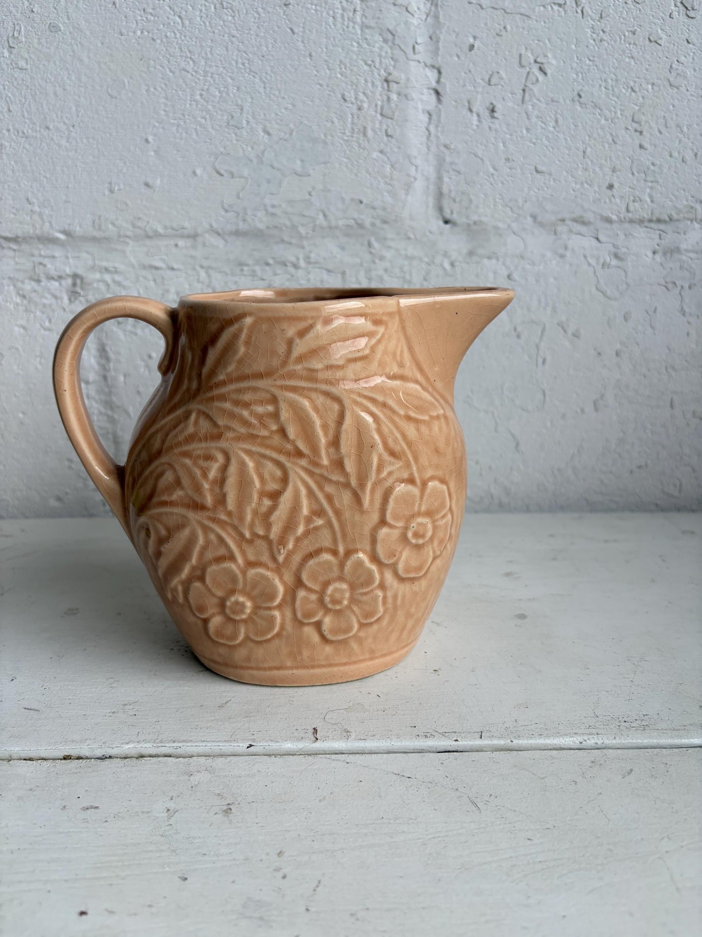 Vintage McCoy Peach Brush Floral Pottery Pitcher, 5.5" Tall, Vintage Crazing