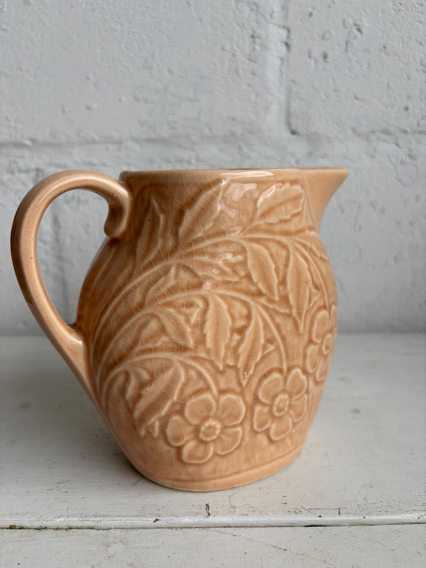 Vintage McCoy Peach Brush Floral Pottery Pitcher, 5.5" Tall, Vintage Crazing