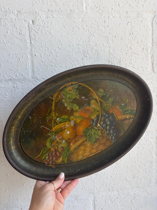Antique Fruit Serving Tray | Oval Printed Metal Tray | Rustic European Cottage Decor | Primitive Kitchen Wall Decor