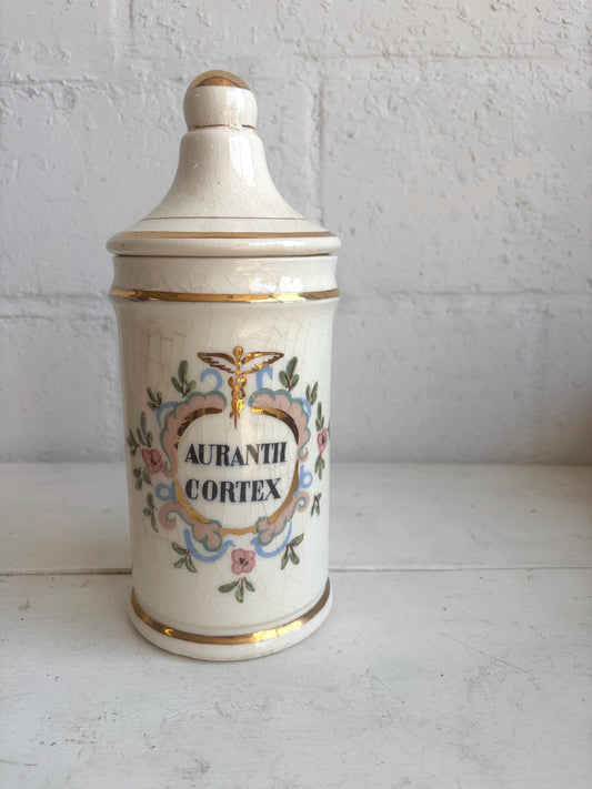 Antique French Apothecary Jar | Auranti Cortex Ceramic Pharmacy Canister | Victorian Drugstore Decor | Cottage Shelf Styling