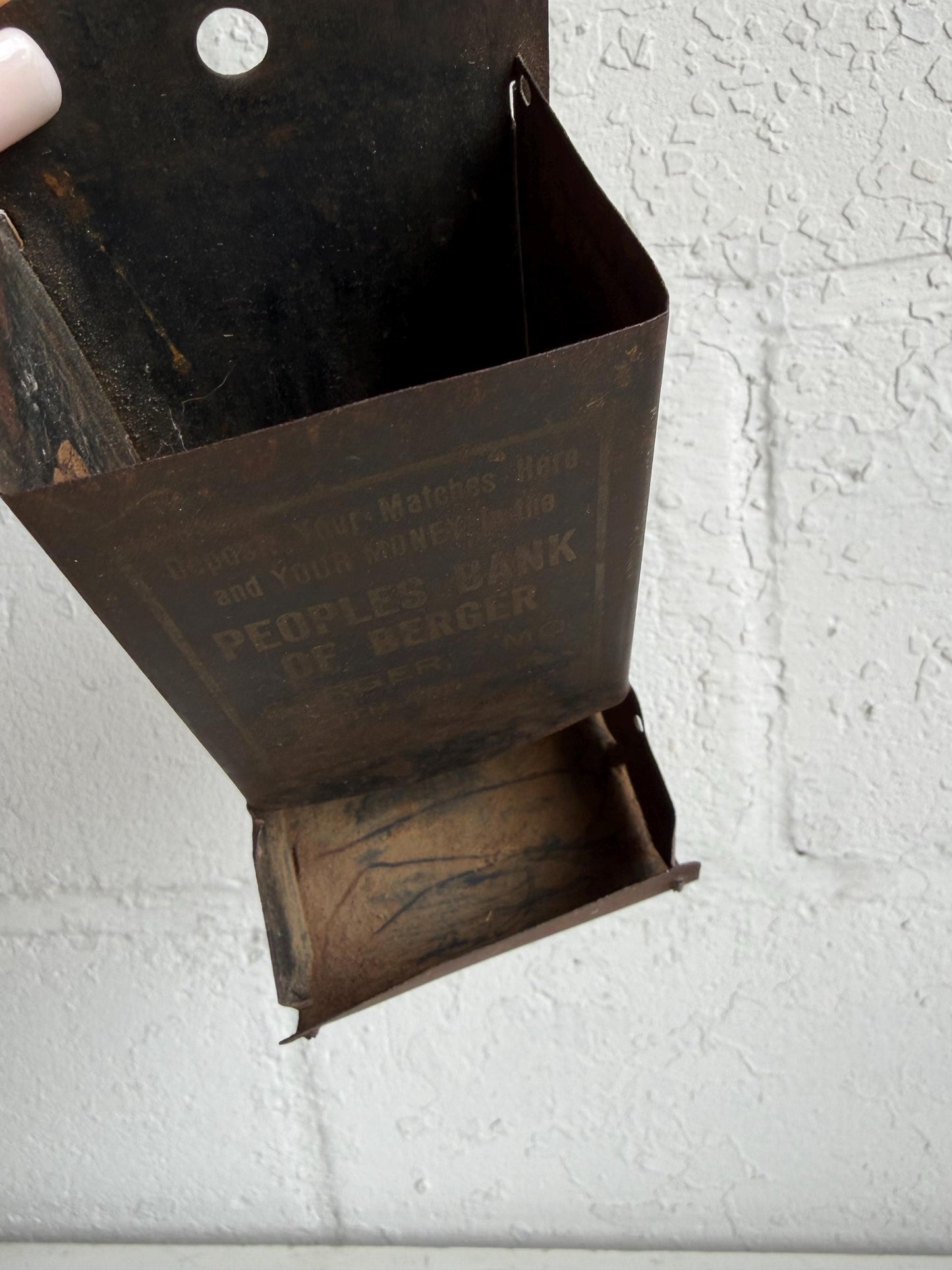 Antique Peoples Bank of Berger MO Match Holder | Vintage Advertising Match Safe | Rustic Metal Wall Pocket | Missouri Ephemera