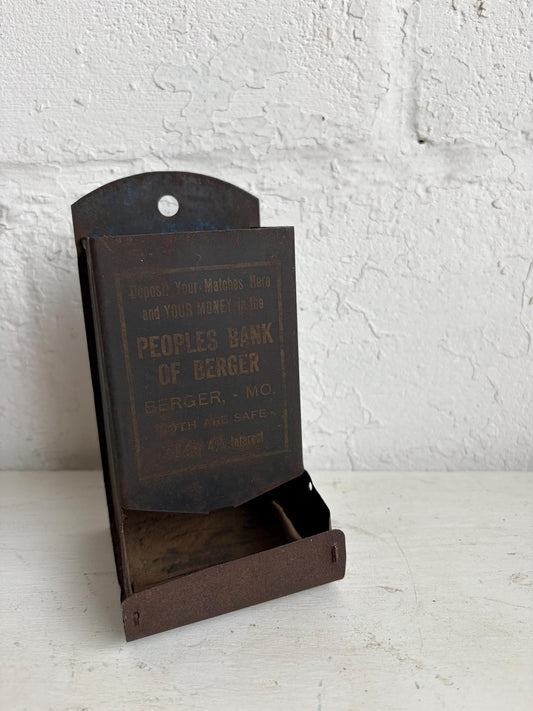 Antique Peoples Bank of Berger MO Match Holder | Vintage Advertising Match Safe | Rustic Metal Wall Pocket | Missouri Ephemera