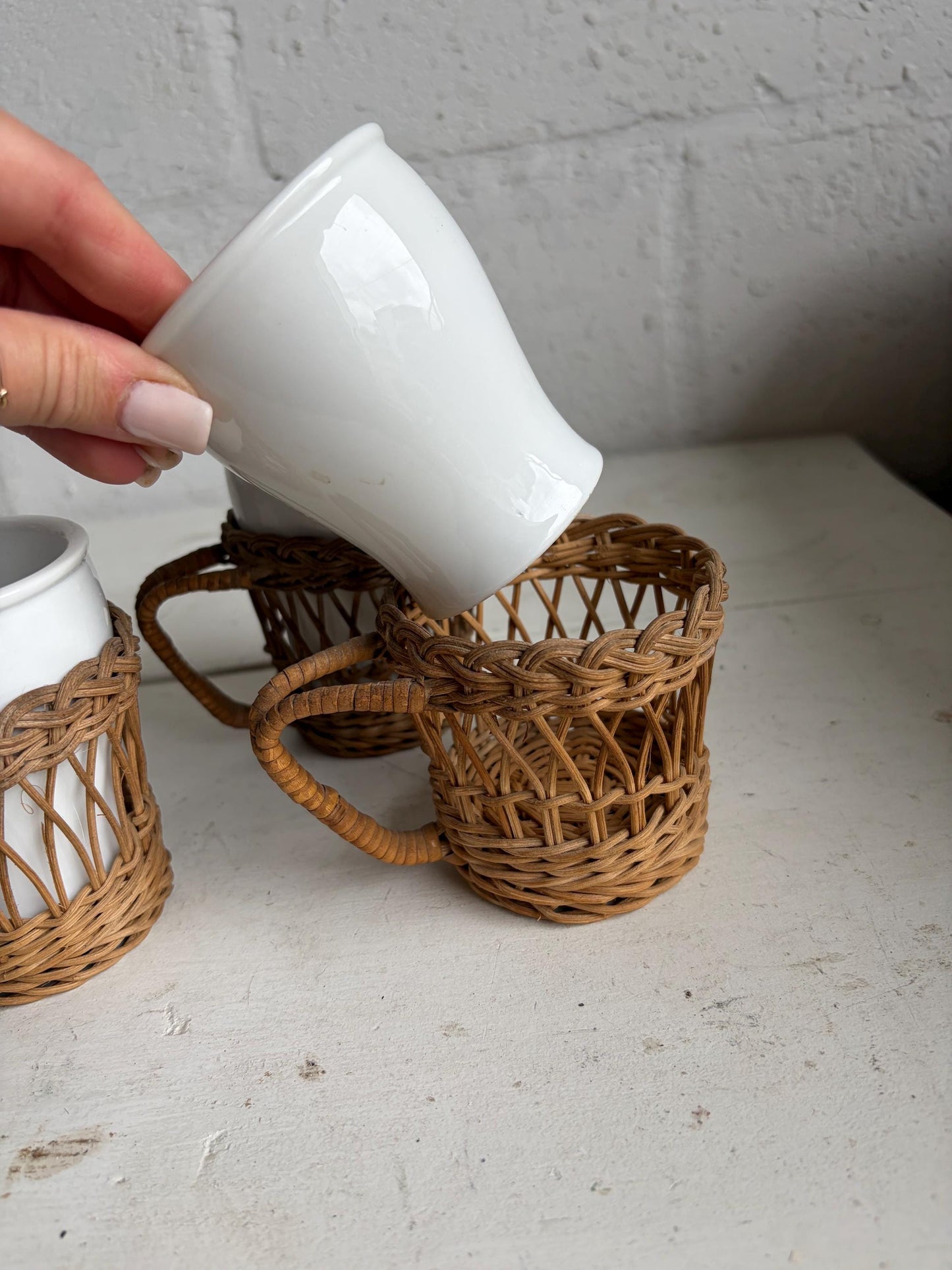 Vintage Wicker Wrapped Ceramic Mug Set of 4 | Boho Rattan Coffee Cups