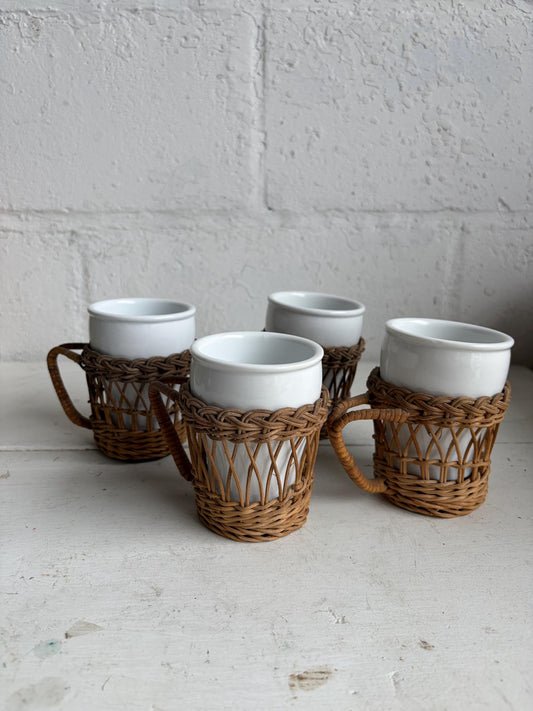 Vintage Wicker Wrapped Ceramic Mug Set of 4 | Boho Rattan Coffee Cups