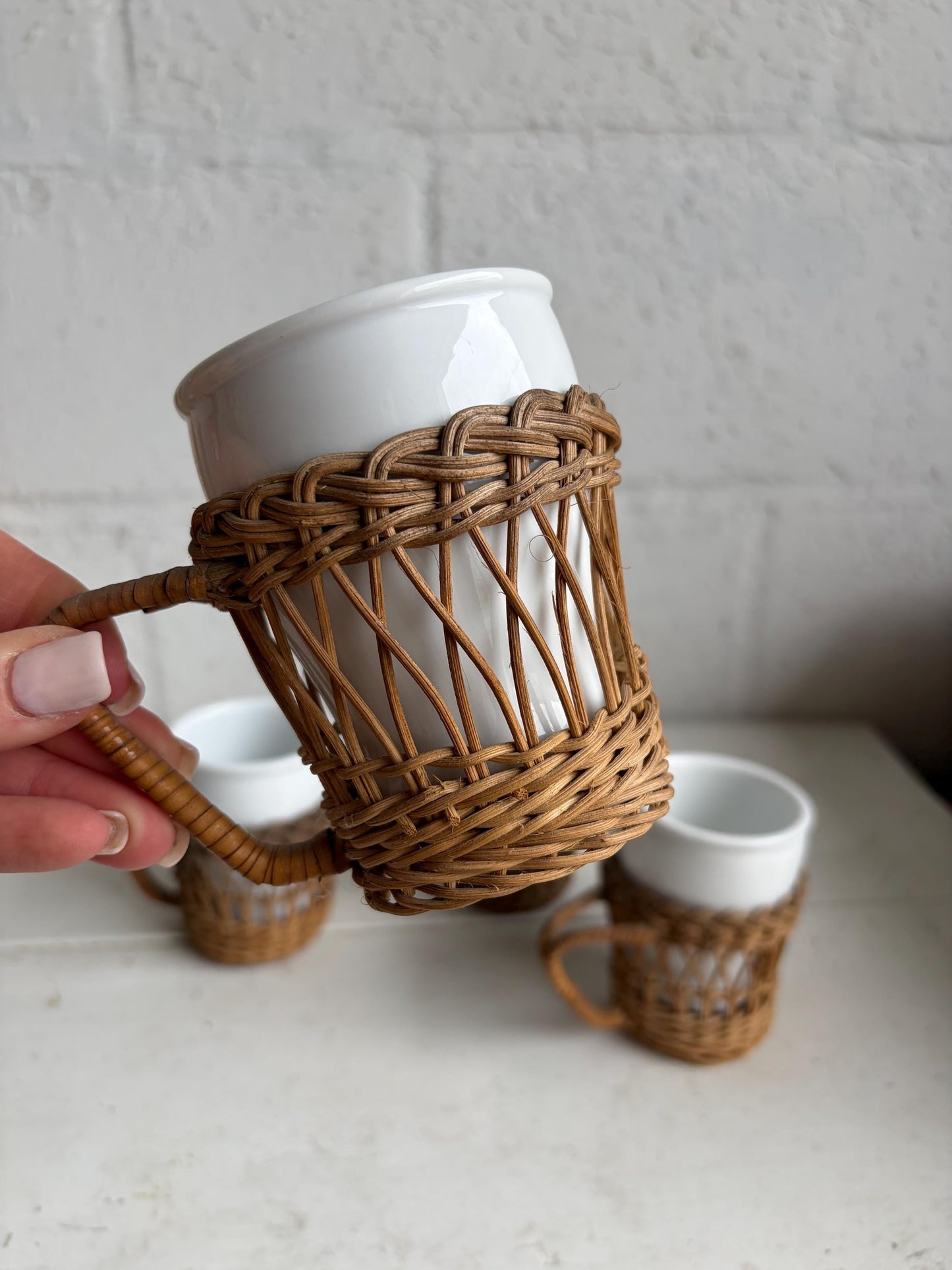 Vintage Wicker Wrapped Ceramic Mug Set of 4 | Boho Rattan Coffee Cups