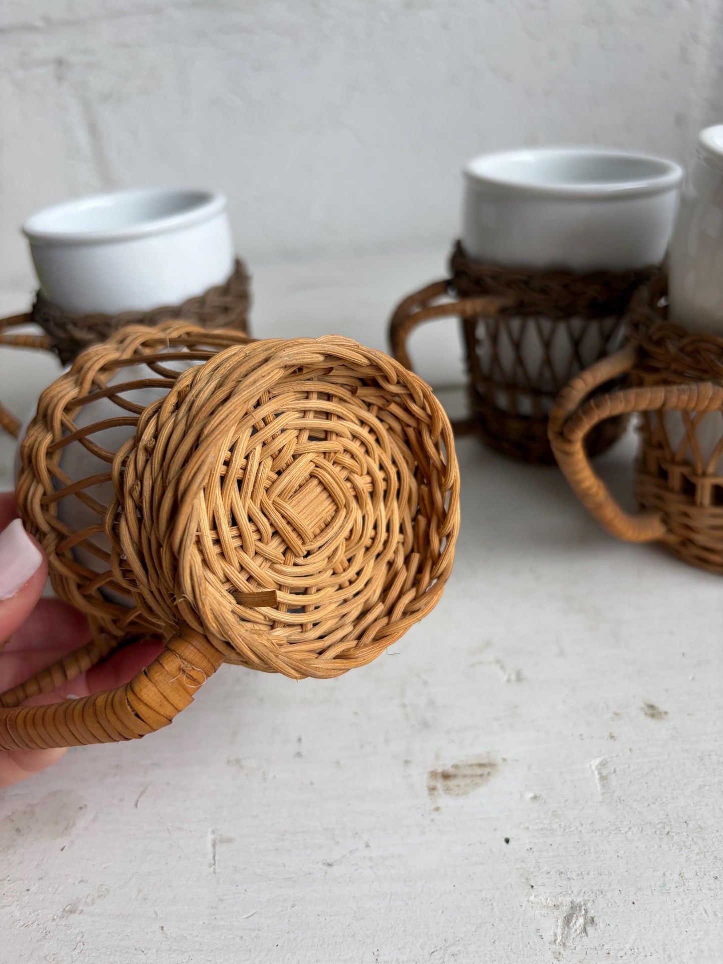 Vintage Wicker Wrapped Ceramic Mug Set of 4 | Boho Rattan Coffee Cups