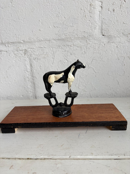 Vintage Horse Trophy Topper on Wood Base | Equestrian Decor | Black and White Horse Figurine | Rustic Shelf Accent