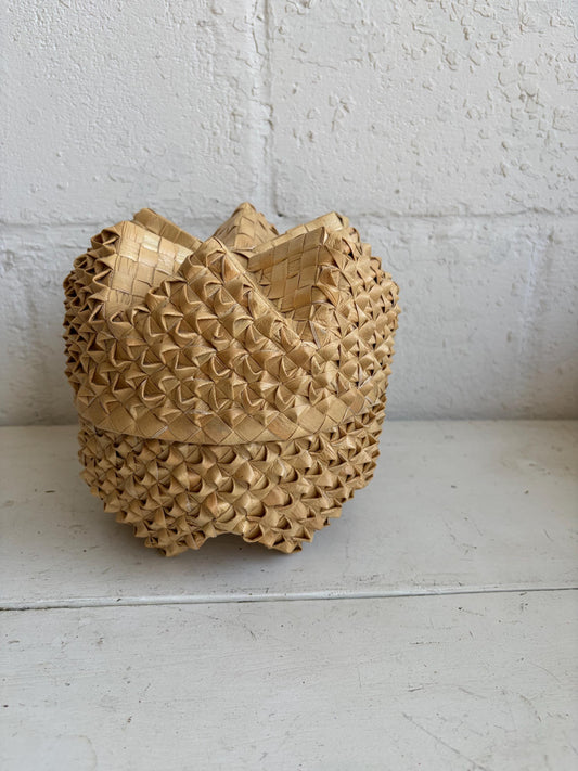 Vintage Hand Crafted Lauhala Fiber Basket | Hawaiian Woven Palm Basket | Folded Star Weave Basket Bowl | Tropical Boho Decor