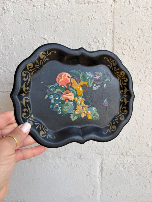 Vintage Paint by Number Tole Tray | Black Floral Metal Tray | Scalloped Cottage Decor | Hollywood Regency Accent