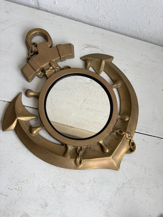 Vintage Brass Anchor Mirror | Nautical Wall Decor | Porthole Style Mirror | Coastal Cabin or Lake House Accent, 13"