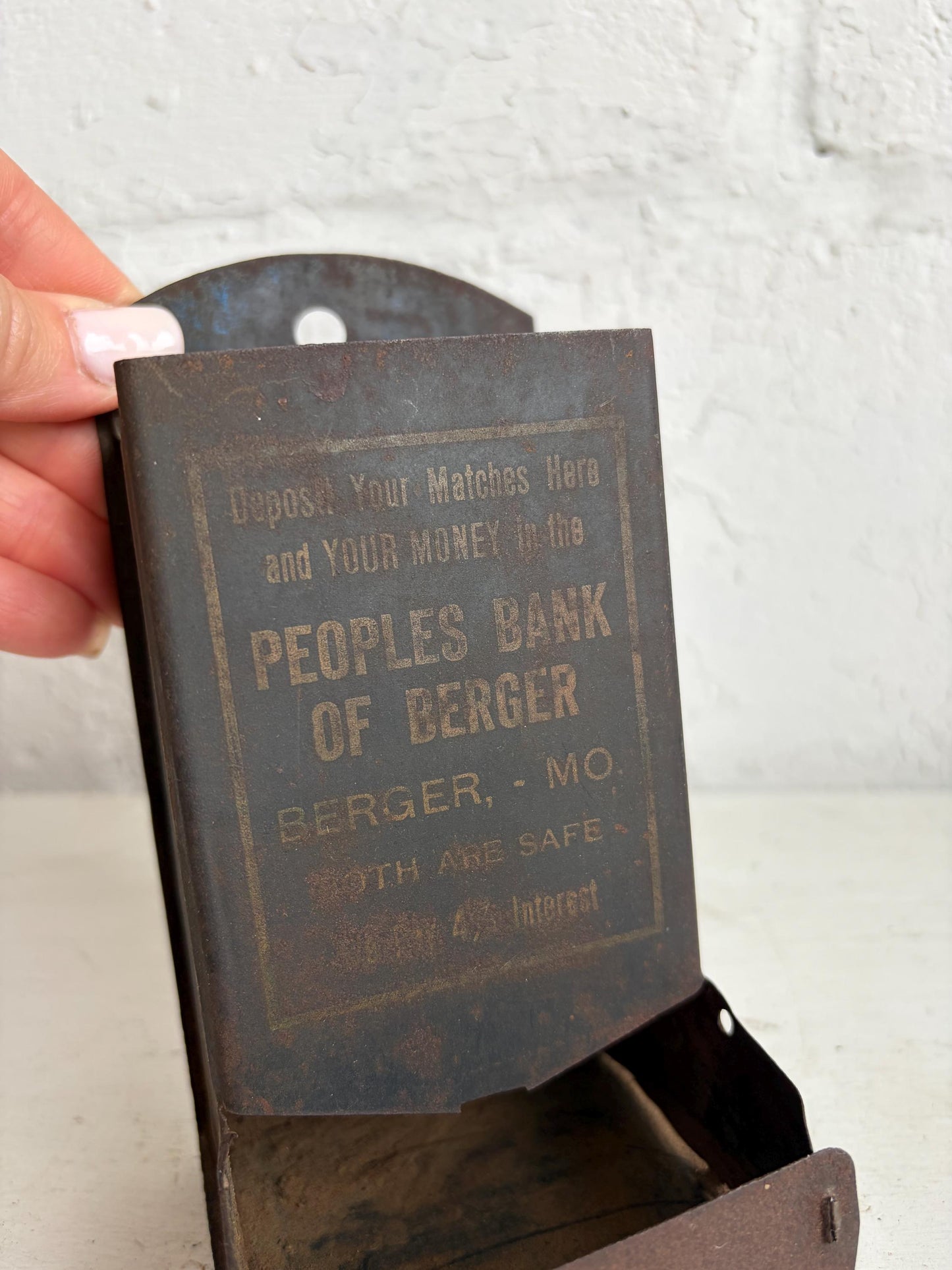 Antique Peoples Bank of Berger MO Match Holder | Vintage Advertising Match Safe | Rustic Metal Wall Pocket | Missouri Ephemera