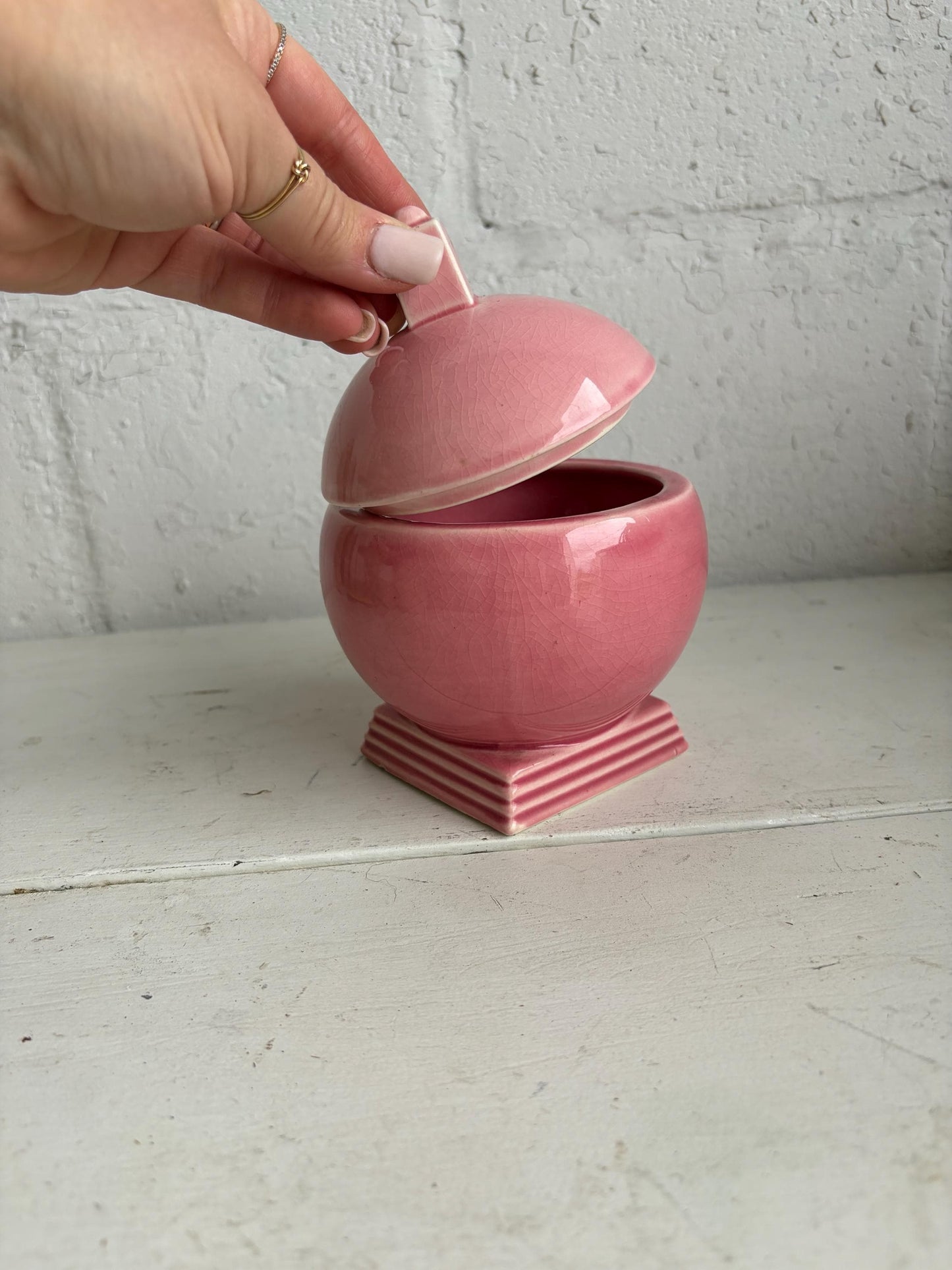Vintage Mauve Pink Crackle Glaze Lidded Jar