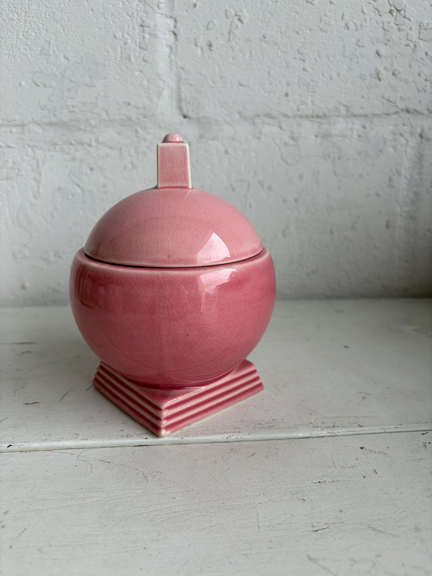 Vintage Mauve Pink Crackle Glaze Lidded Jar