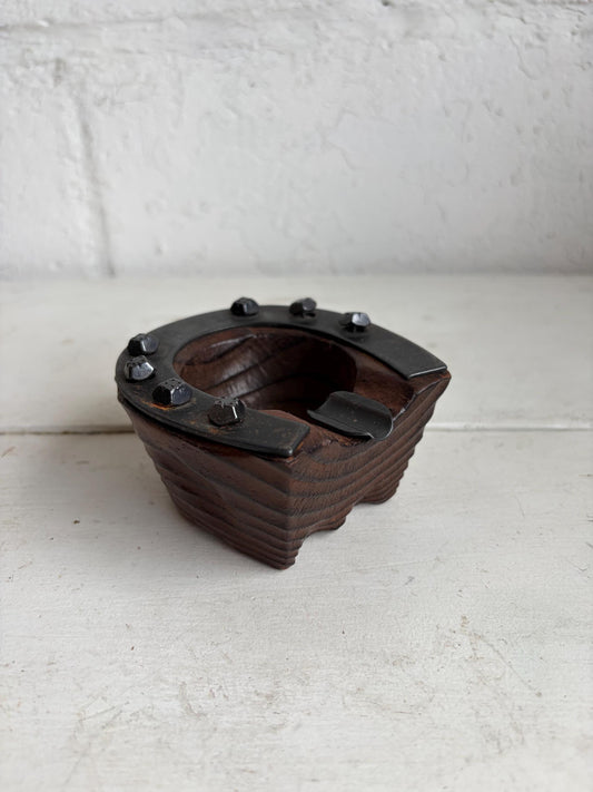 Vintage Wood & Iron Horseshoe Ashtray | Rustic Western Decor | Industrial Lodge Accent | Man Cave or Cabin Style