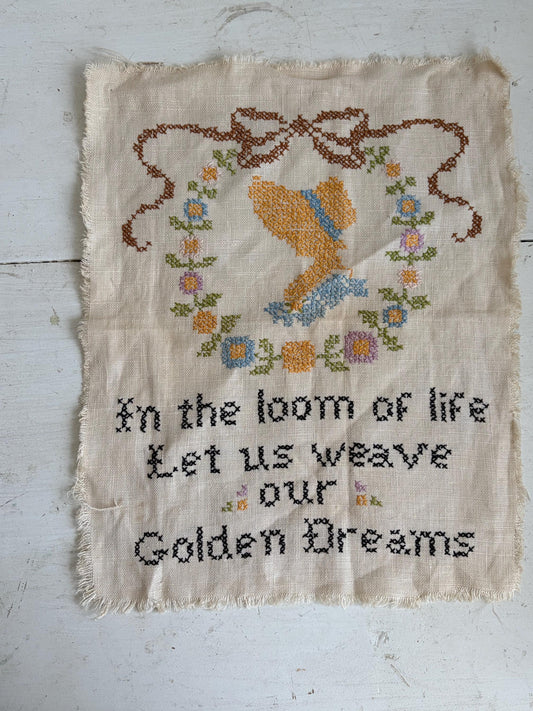 Vintage Cross Stitch Sampler | “In the Room of Life Let Us Move Our Golden Dreams” | Cottage Needlework Wall Decor